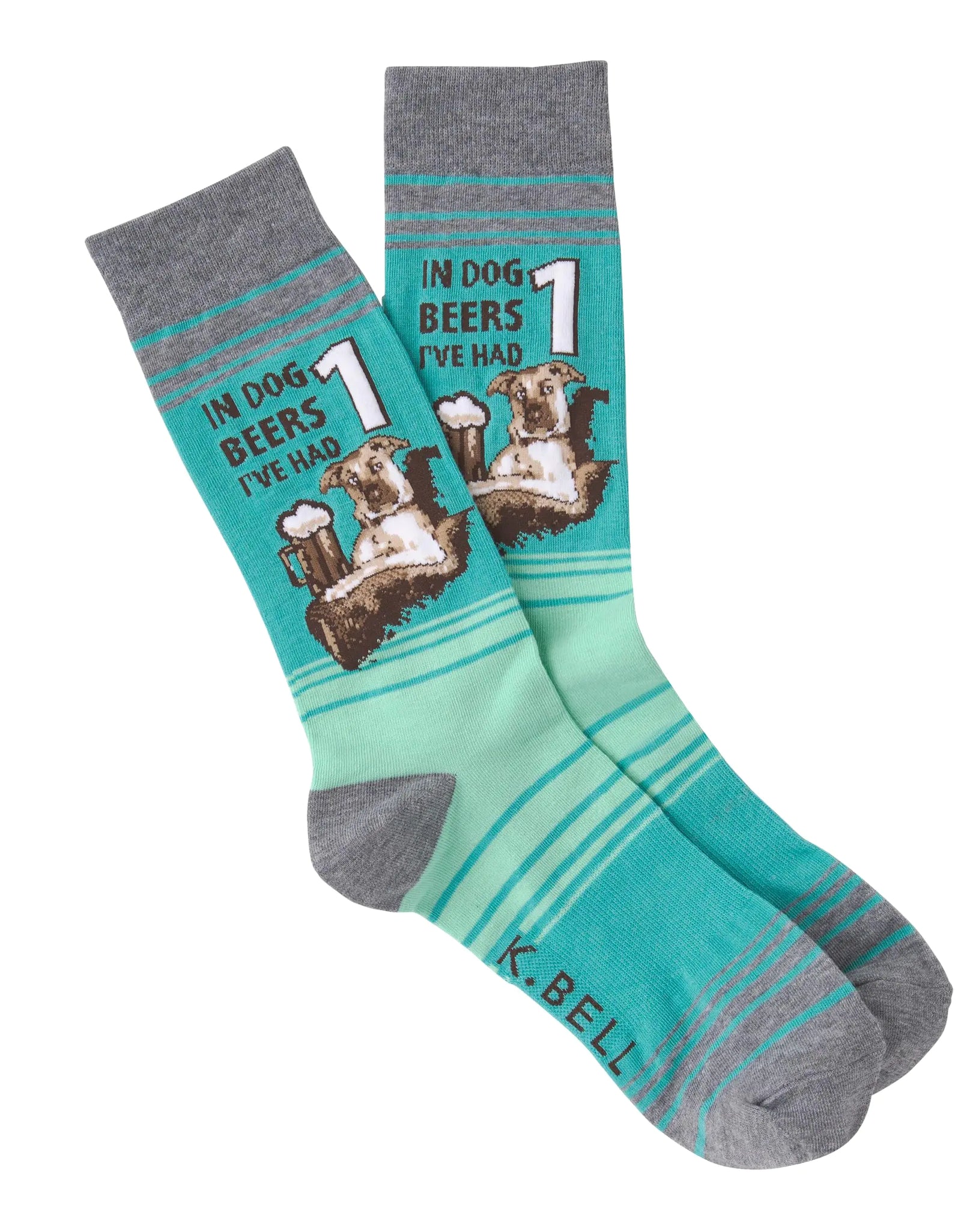 K. Bell Socks Mens Play On Words Novelty Crew Socks Turquoise (Dog Beers) Shoe Size: 6-12