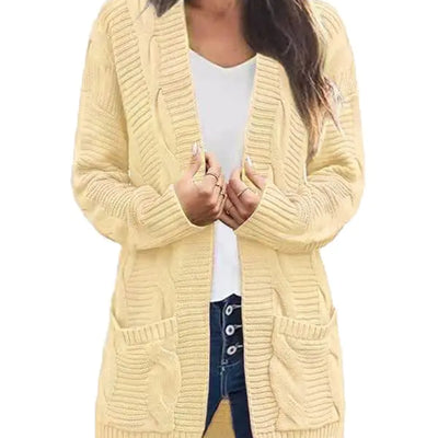 Andongnywell Womens Cable Knit Open Front Chunky Cardigans Sweaters Boyfriend Sweaters Overcoats Outwear Mid-Length Apricot