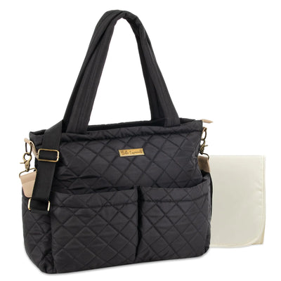 Quilted Diaper Bag Crossbody Tote Purse with Shoulder Strap Changing Pad 10 Organizer Pockets for Twins or Triplets (Black)