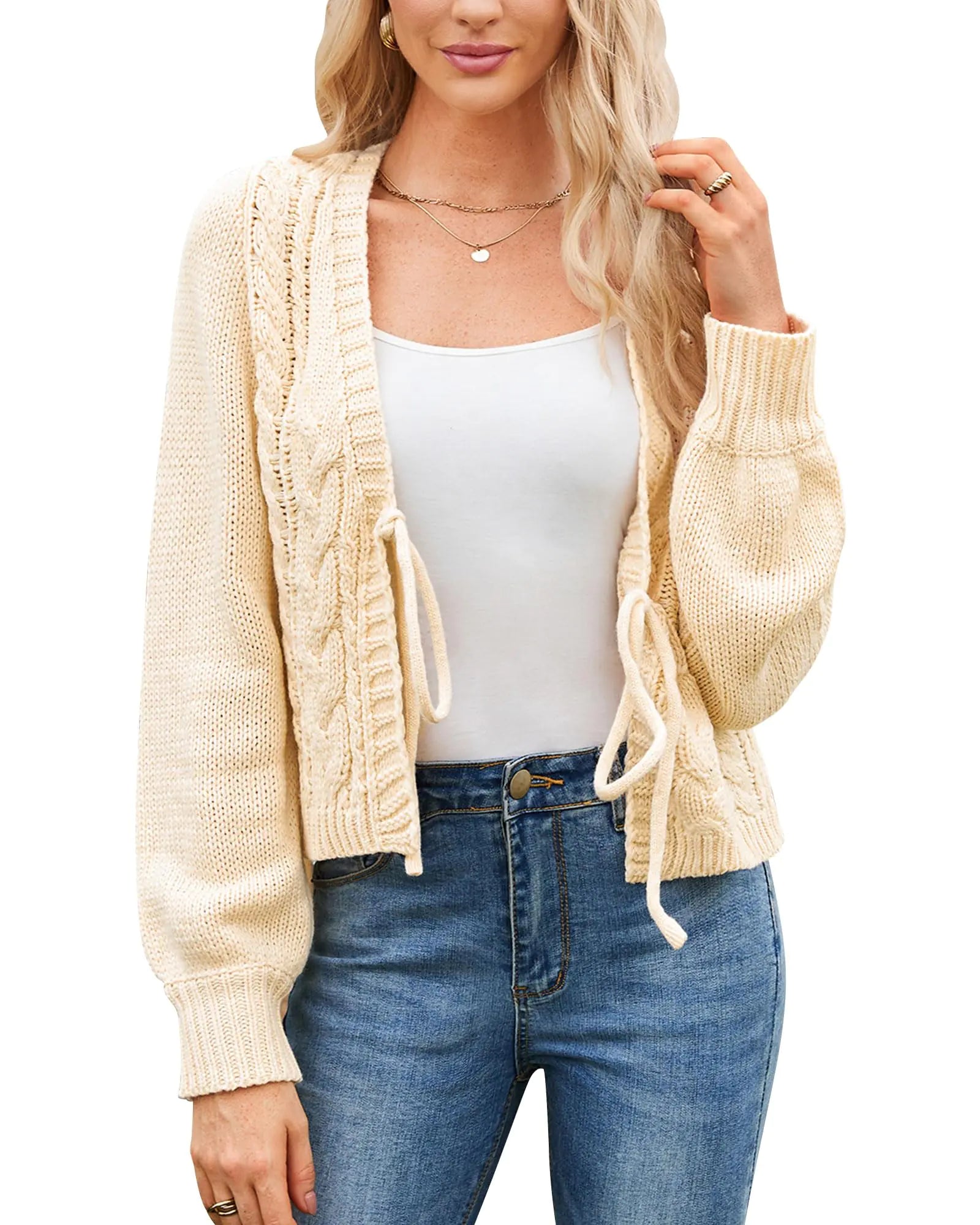 Honwenle Womens Cardigan Sweaters 2024 Oversized Open Front Tie Long Sleeve Short Cardigans Knit Outerwear Fall Outfits Beige