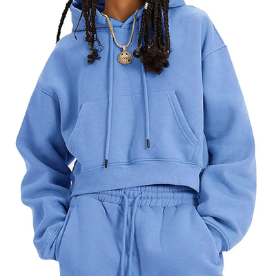 Rousytn Womens Sweatsuits 2 Piece Fleece Outfits Long Sleeve Crop Hoodies Pullover Jogger Pants Casual Athletic Set(LightBlue-L)