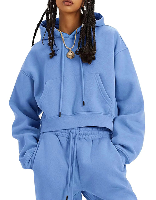 Load image into Gallery viewer, Rousytn Womens Sweatsuits 2 Piece Fleece Outfits Long Sleeve Crop Hoodies Pullover Jogger Pants Casual Athletic Set(LightBlue-L)
