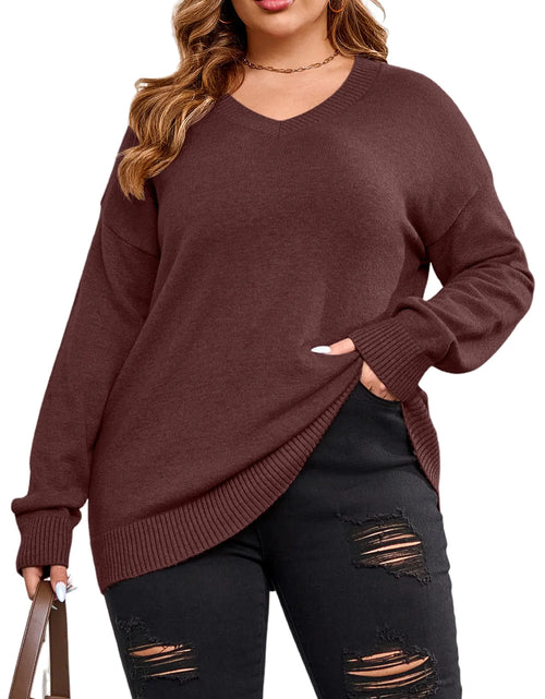 Cargar imagen en el visor de la galería, Suéteres de talla grande para mujer, de punto trenzado, manga larga, cuello en V, suéteres, blusas, informales, de ajuste holgado y suave (rojo vino 5XL)
