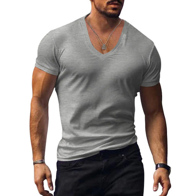 Muscle Men’s V Neck Shirts Casual Short Sleeve Gym Athletic T Shirt Fashion Tee Top Workout Bodybuilding Shirts Light Gray