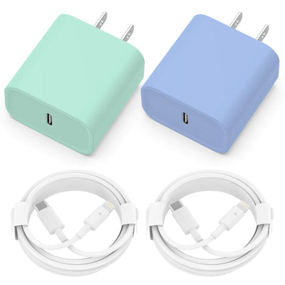 Cargador de teléfono [Certificado MFi] Paquete de 2 adaptadores de cargador rápido de pared USB C PD de 20W con 2 cables tipo C a Ligh.tning de 6 pies compatibles con Phone 14 13 12 11 Pro Max XR XS Xi.Pad (Verde+Azul)