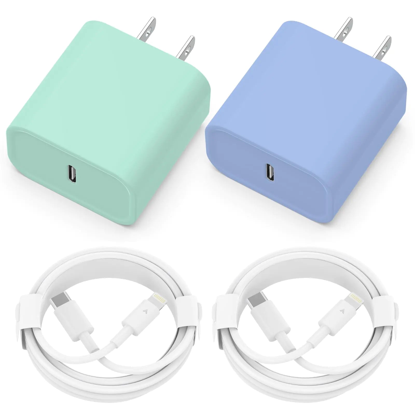 Chargeur de Téléphone [Certifié MFi] Lot de 2 Adaptateurs Chargeur Mural Rapide USB C PD 20W avec 2 Câbles Type C vers Lightning de 1,8m Compatibles avec Téléphone 14 13 12 11 Pro Max XR XS Xi.Pad (Vert+Bleu)