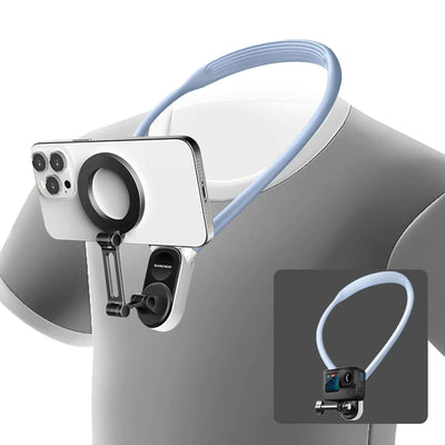 SEANCHEER H-01 Soportes magnéticos para smartphone de cuello para vídeo POV manos libres, esenciales para creadores de contenido para iPhone, Android, GoPro, cámaras de acción, trípode de cuello, soporte de pecho (azul glaciar)