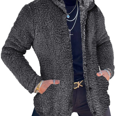 Runcati Mens Fuzzy Sherpa Hoodie Long Sleeve Button Down Fleece Jackets Casual Winter Hooded Sweatshirt Dark Grey