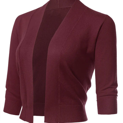 Allsense Cárdigan Bolero Corto de Punto Abierto con Manga 3/4 para Mujer, Color Borgoña, Talla Mediana