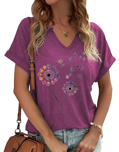 Load image into Gallery viewer, Woffccrd Womens Casual V Neck T-Shirts Dandelion Graphic T-Shirts Colorful Paw Short Sleeve Shirts Tops (LRed)
