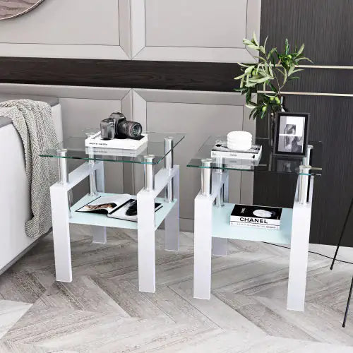 Juego de 2, mesa de té, café y auxiliar de vidrio templado moderno, mesa cuadrada para sala de estar, blanco transparente