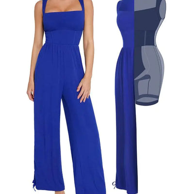 Popilush Jumpsuits for Women Dressy Casual Loose Overalls Sleeveless Rompers Outfits with Shapewear Adjustable Trouser Legs Blue