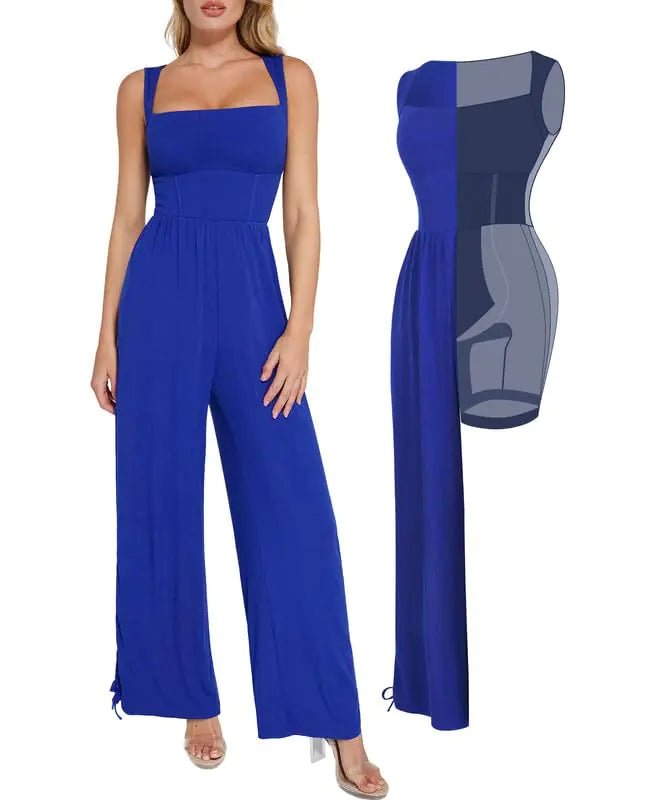 Popilush Jumpsuits for Women Dressy Casual Loose Overalls Sleeveless Rompers Outfits with Shapewear Adjustable Trouser Legs Blue
