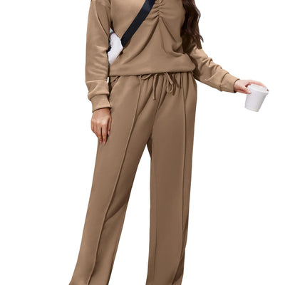 LUOFEN Womens Sweatsuits 2 Piece Set V Neck Sweatshirt 2024 Fall Fashion Track Suits Wide Leg Sweatpants