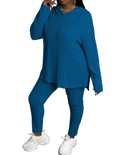 Load image into Gallery viewer, Tycorwd Womens Plus Size Two Piece Outfits Sweatsuits Sets Long Sleeve Hoodies Tracksuit Lounge Sets Blue 2XL
