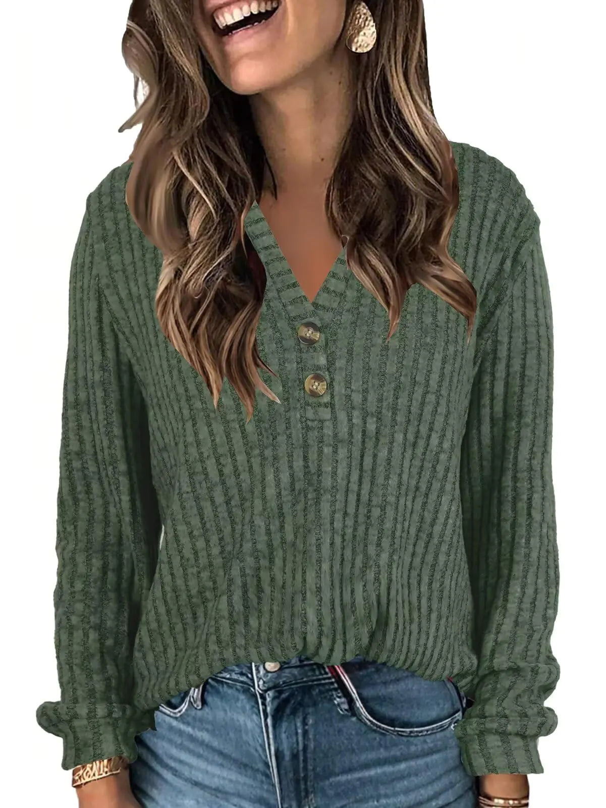 Chemisier tunique à manches longues pour femmes, pulls d'automne, hauts légers, décontracté-habillé, col en V, vert, XXL