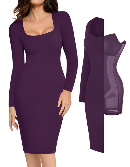 Load image into Gallery viewer, Popilush Long Sleeve Midi Dress Bodycon Party Dress Shapewear Tummy Control Fall Cocktail Dresses Built-in Bra
