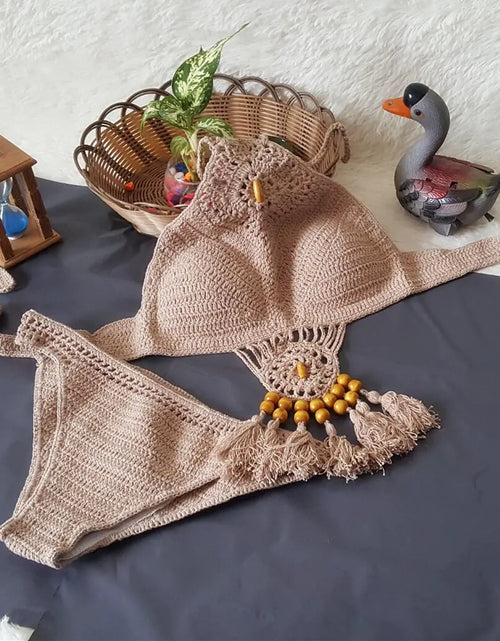 Load image into Gallery viewer, Swimwear Set with Handmade Crochet Tassels
