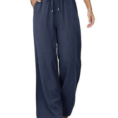 Jyanl Womens Linen Pants Casual Wide Leg Pants Summer Palazzo Pants Loose Flowy Beach Pants Trousers Drawstring Elastic Waist with Pockets Navy