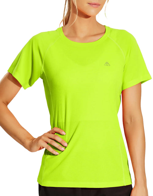 Charger l'image dans la visionneuse de galerie, Haimont T-shirt d'entraînement à manches courtes pour femme, jaune fluo, idéal pour la gym, la course, séchage rapide, col rond, yoga, athlétisme, taille M
