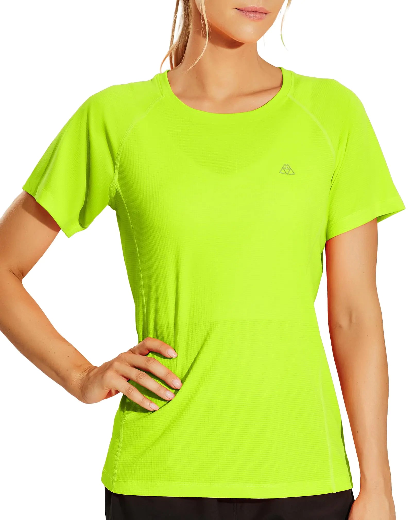 Haimont T-shirt d'entraînement à manches courtes pour femme, jaune fluo, idéal pour la gym, la course, séchage rapide, col rond, yoga, athlétisme, taille M
