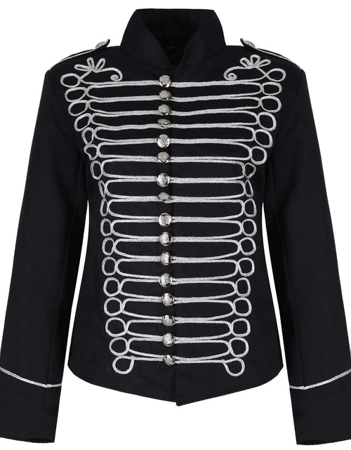 Load image into Gallery viewer, Ro Rox Women’s Napoleon Military Drummer Parade Jacket Steampunk Military Jacket Black &amp; Silver L
