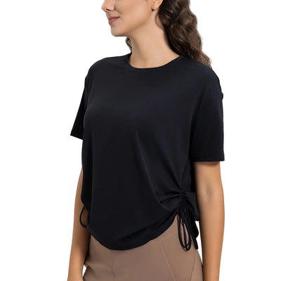 altiland Drawstring Side Ruched Workout T Shirt for Woman Quick Dry Athletic Tee Yoga Exercise Running Tops Loose Fit (Black S)