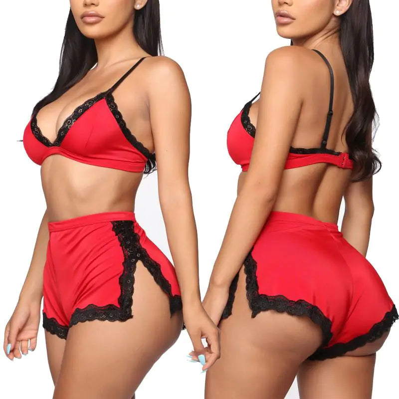 Ensemble de Lingerie et Vêtements de Nuit en Dentelle à Col V Plongeant pour Femme