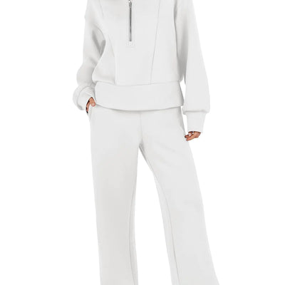 ANRABESS Womens 2 Piece Sweatsuits Half Zip Sweatshirt Sweatpant Two Piece Outfits Fall Tracksuit Sweat Lounge Matching Sets White Large