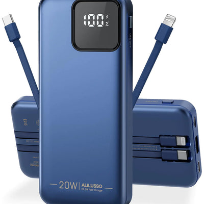 Cargador portátil ALILUSSO con cables incorporados para iPhone Samsung iPad Teléfono Android, Power Bank de 20000 mAh, Carga Rápida, Pantalla LED Inteligente, Batería Externa con 2 Puertos de Salida para Viajes - Azul Oscuro