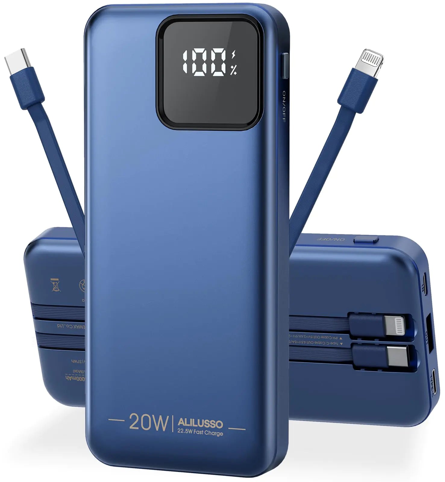 Cargador portátil ALILUSSO con cables incorporados para iPhone Samsung iPad Teléfono Android, Power Bank de 20000 mAh, Carga Rápida, Pantalla LED Inteligente, Batería Externa con 2 Puertos de Salida para Viajes - Azul Oscuro