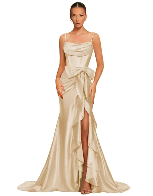 Load image into Gallery viewer, Dessiny Spaghetti Straps Prom Dresses 2025 Side Bow Champagne Long Mermaid Satin Prom Dresses Corset Pleated Ball Gown Bridesmaid Dress for Women US6
