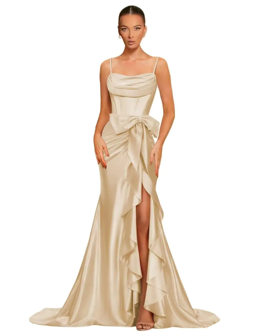 Dessiny Spaghetti Straps Prom Dresses 2025 Side Bow Champagne Long Mermaid Satin Prom Dresses Corset Pleated Ball Gown Bridesmaid Dress for Women US6
