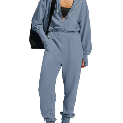 Caracilia Jumpsuits for Women Fall Casual Sweatsuits Long Sleeve Zip Sweatshirts Jogger Sweatpants One Piece Romper Outfits﻿ Grey Blue X-Large