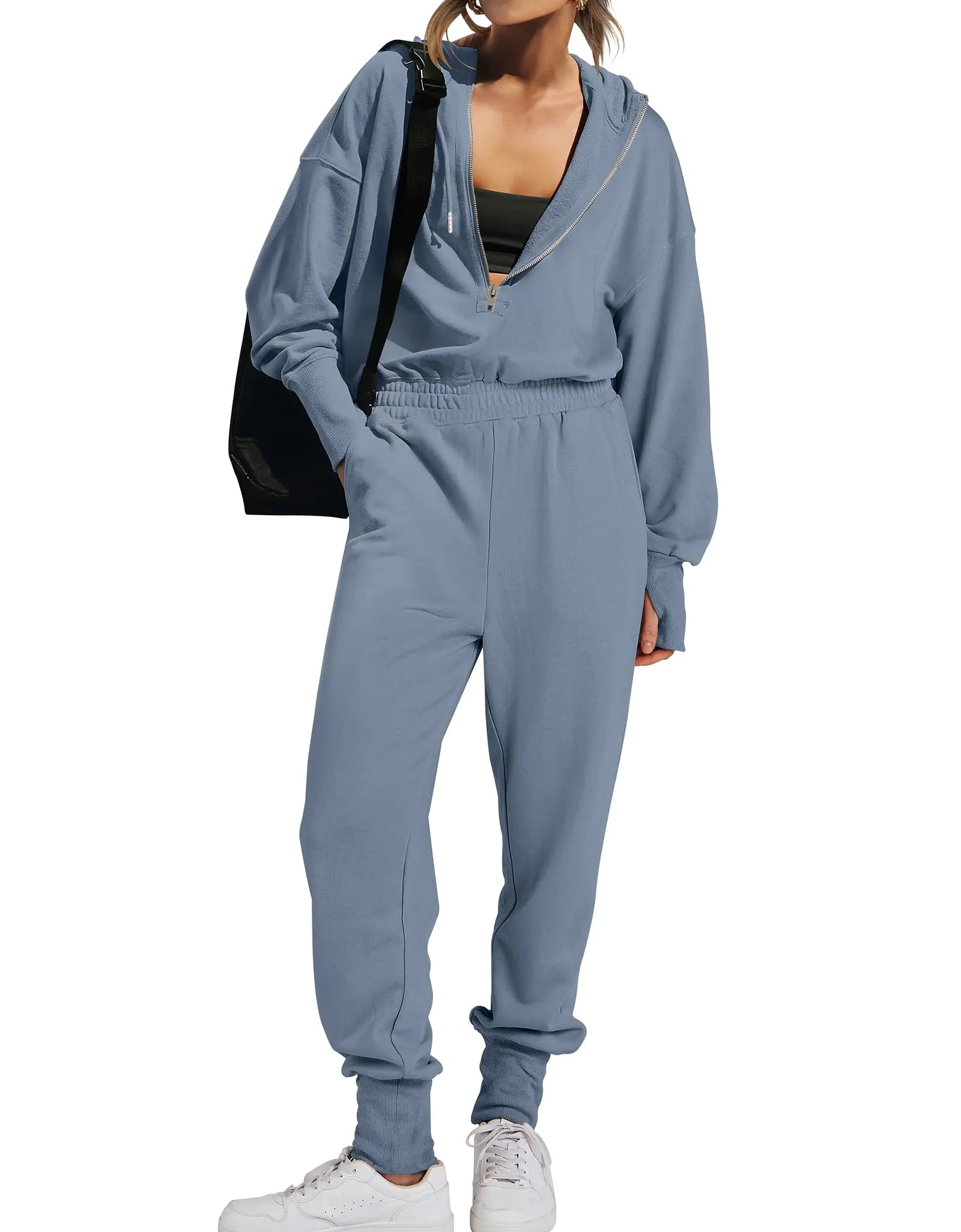 Caracilia Jumpsuits for Women Fall Casual Sweatsuits Long Sleeve Zip Sweatshirts Jogger Sweatpants One Piece Romper Outfits﻿ Grey Blue X-Large