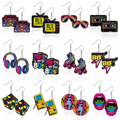 12 pares de aretes retro de los 80, aretes de neón de los años 80 para mujer, aretes de disfraz de los 80, aretes colgantes de acrílico, accesorios de joyería retro para mujer, regalo para damas (Estilo B)