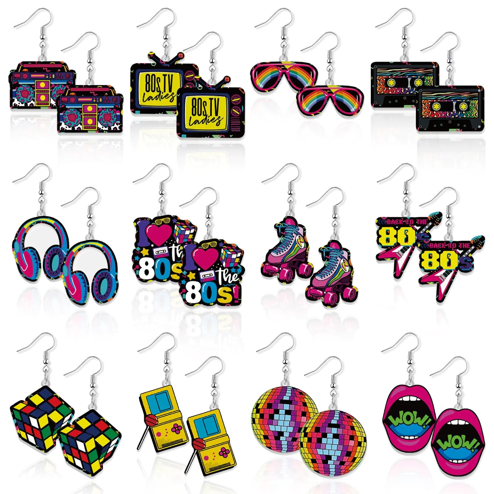 12 Pairs 80s Retro Earrings 1980s Neon Earrings for Women 80s Costume Earrings Pendant Acrylic Drop Dangle Retro Jewelry Accessories for Women Ladies Gift (Style B)