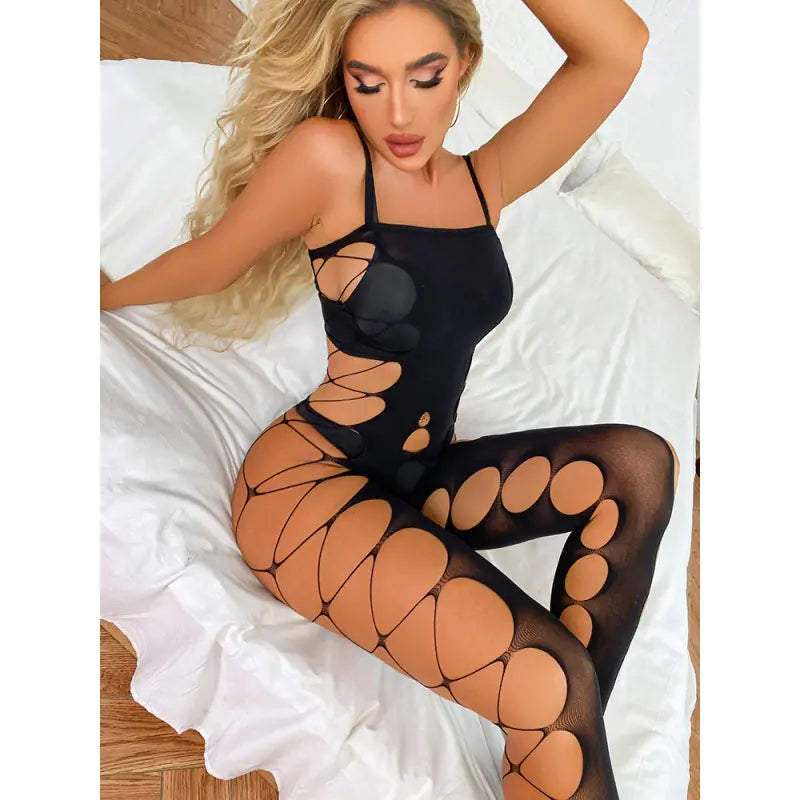 Sheer Bodysuit with Open-Crotch Stockings