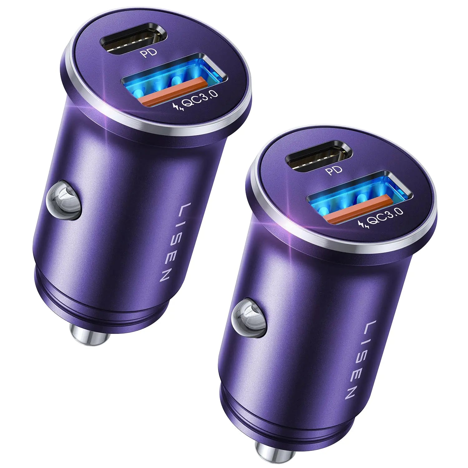 LISEN Adaptador Cargador Coche USB C 48W [2 Unidades] [Mini y Metálico] Cargador USB Encendedor Coche Carga Rápida [PD QC 3.0] Cargador Teléfono Coche USBC para iPhone 15 Pro Max Plus 14 Samsung Galaxy iPad Morado
