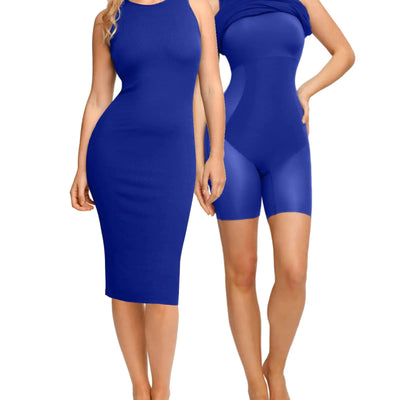 Popilush Vestidos Entallados Azules sin Mangas para Mujer, Cuello Redondo, Ajustados, Informales, de Fiesta, Club, Midi, Modeladores