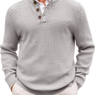 Runcati Mens Stand Collar Pullover Sweater Waffle Knitted Quarter Button Casual Ribbed Henley Sweaters Light Grey