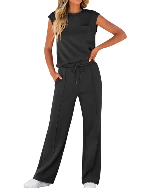 Load image into Gallery viewer, ANRABESS Womens Summer 2 Piece Outfits Casual Sleeveless Sweatsuits Matching Wide Leg Tracksuits Lounge Sets Fashion Clothes Black Small
