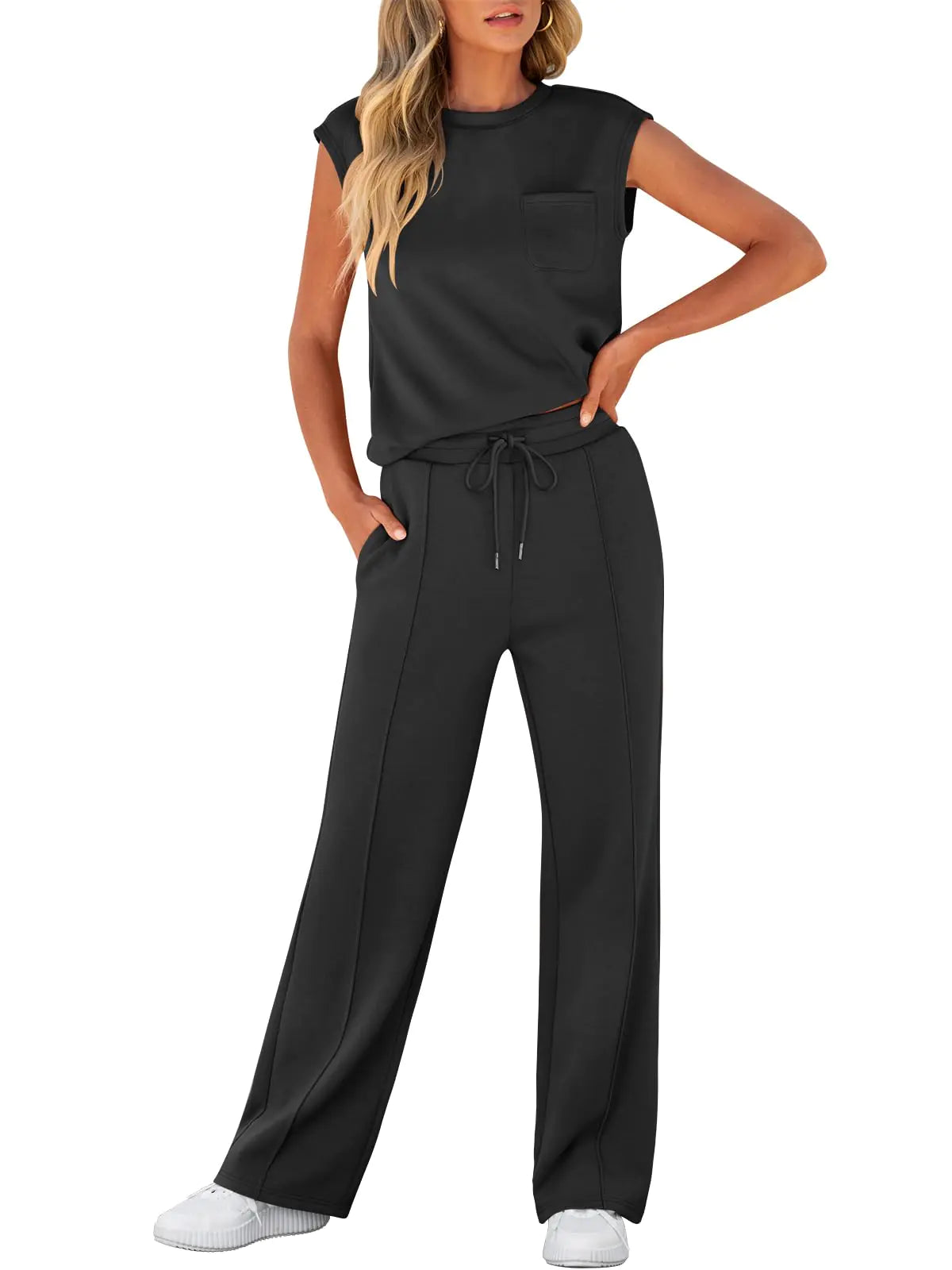 ANRABESS Womens Summer 2 Piece Outfits Casual Sleeveless Sweatsuits Matching Wide Leg Tracksuits Lounge Sets Fashion Clothes Black Small