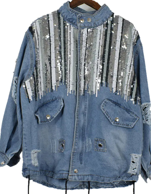 Load image into Gallery viewer, Striped Mid-length Denim Jacket
