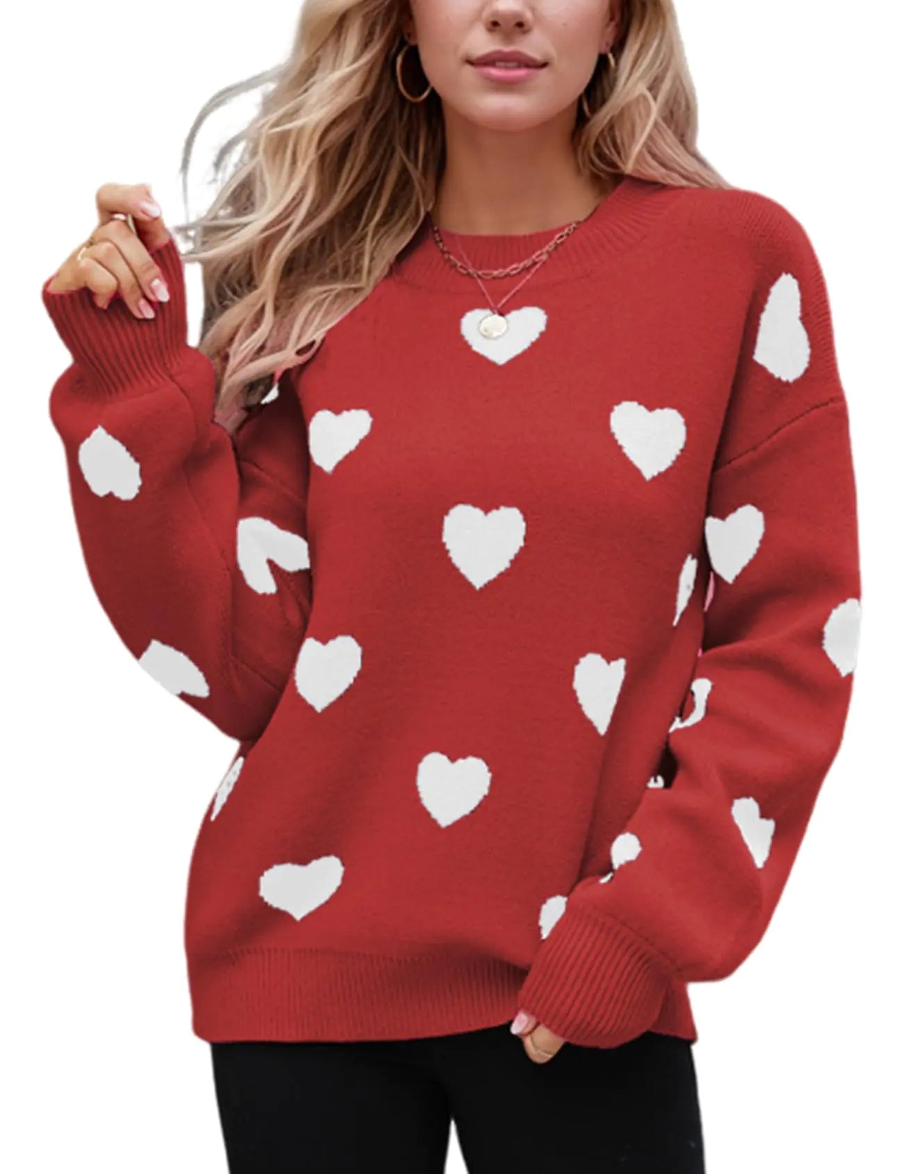 Wyeysyt Valentine Heart Sweater for Women Knit Pullover Sweaters Long Sleeve Crew Neck Casual Kawaii Sweaters(Red-L)