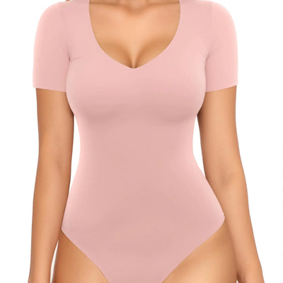 MANGOPOP Double Lined Short Sleeve Bodysuits for Women V Neck Thong Body Suit Stretchy Lightweight Bodysuit Tops