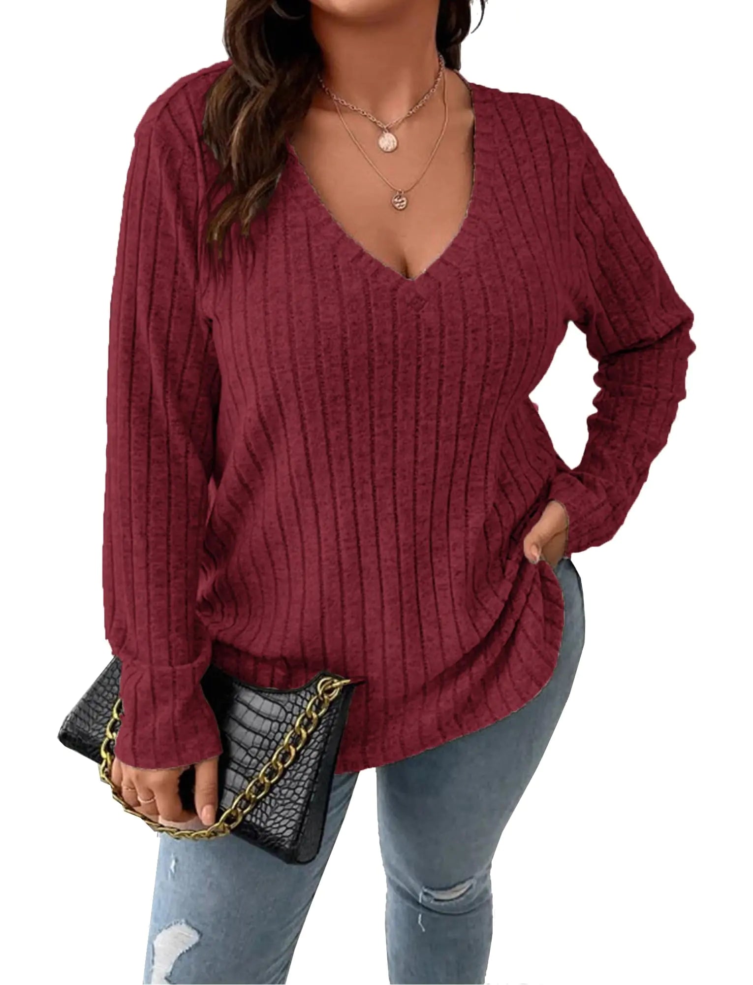 Veeiid Suéteres Casuales de Punto con Cuello en V Ligeros de Manga Larga para Mujer Tallas Grandes XL-5XL Vino