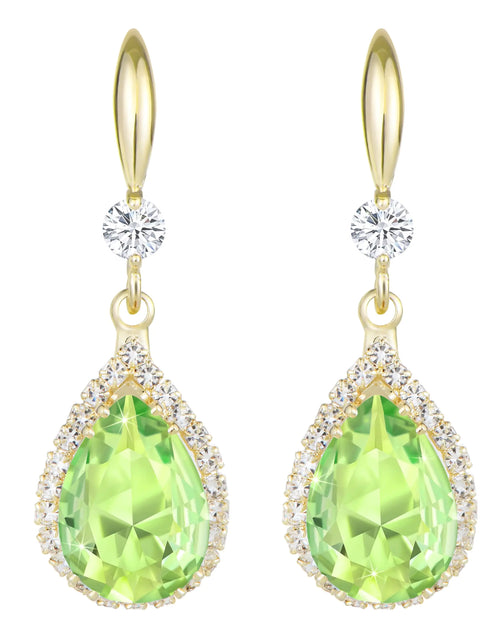 Cargar imagen en el visor de la galería, Pendientes colgantes Linawe verde lima y dorado para mujer, aretes modernos de imitación de diamantes y diamantes de imitación, aretes colgantes en forma de lágrima de circonia cúbica, peridoto, cristal, candelabro, joyería de disfraz de boda
