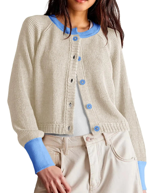 Charger l'image dans la visionneuse de galerie, Gilet court Saodimallsu pour femme, en maille, boutonné, ouvert sur le devant, manches longues, tendance automne, color block, abricot
