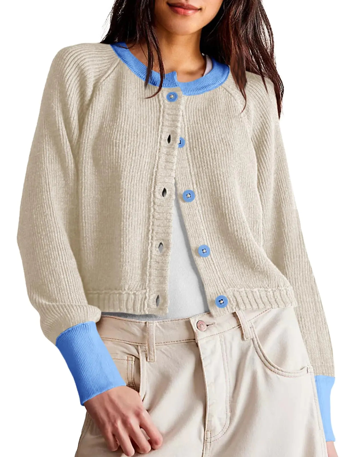 Gilet court Saodimallsu pour femme, en maille, boutonné, ouvert sur le devant, manches longues, tendance automne, color block, abricot
